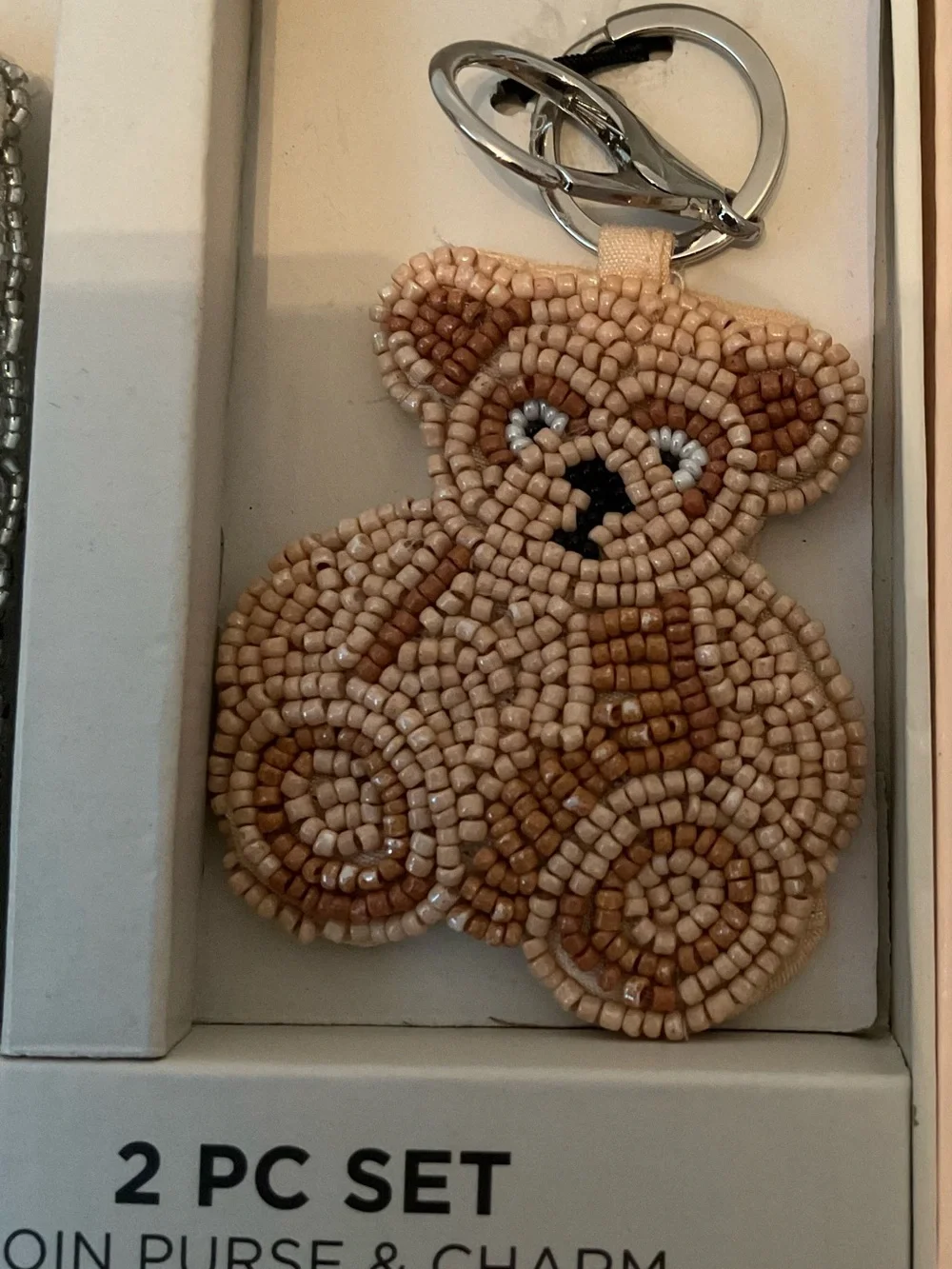 Rachel Zoe Silver Beaded Coin Purse with Tan Bear Charm Keychain